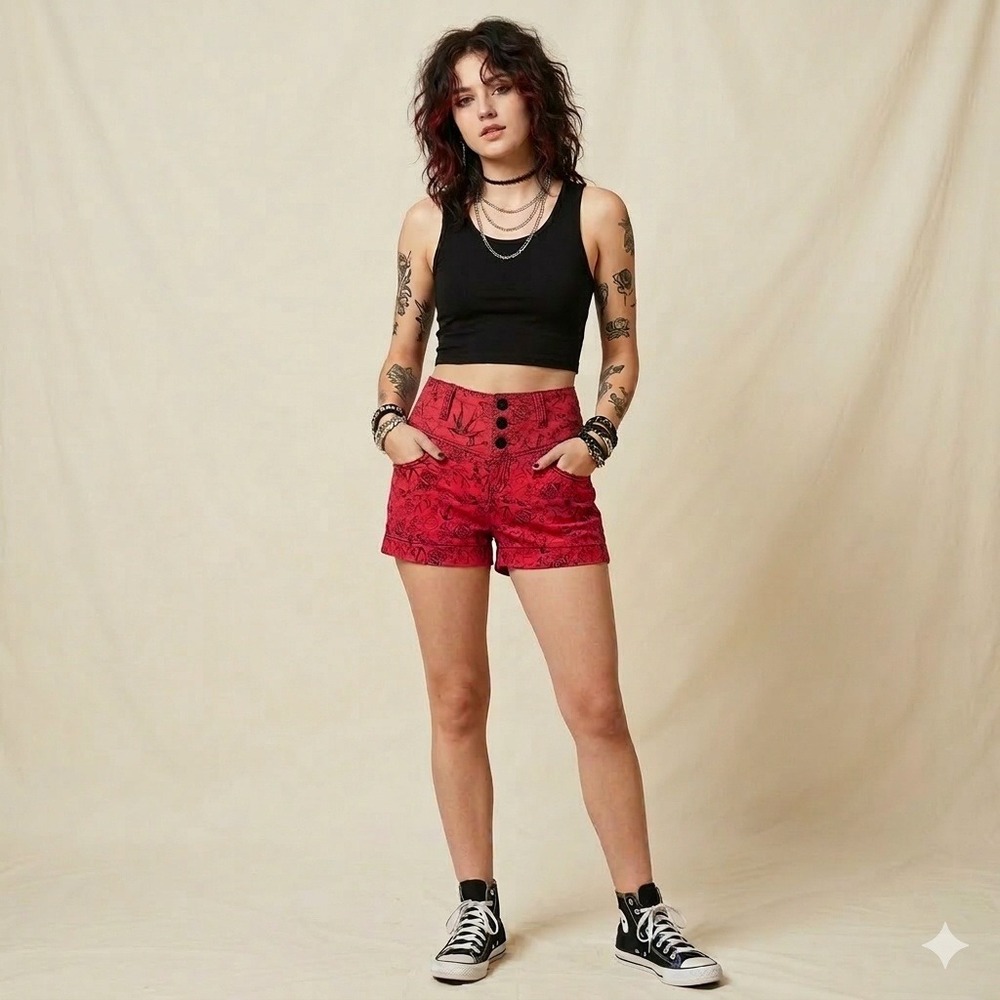 Lovesick Red Tattoo Print High Waisted Shorts Rockabilly Punk‎ Roses Anchors 11